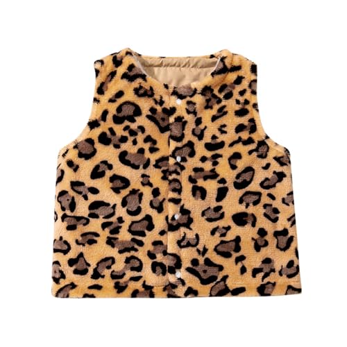 Kids Unisex Leopard Print Sherpa Fleece Vest Winter Fall Sleeveless Keep Warm Press Buttons Jacket Coat