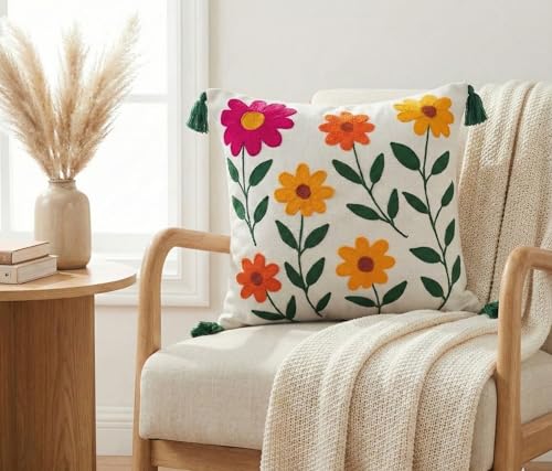 Image of Furnistitchs Handmade Cotton Bohemian Home Decor Cushion Cover 24x24 inches / 60x60 cms - Boho Chic Couch Sofa Throw Living Room Bedroom Cushions (1, Balloon Floral)