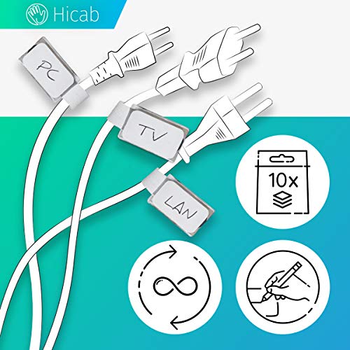Marcador de cables Hicab 10x, blanco con cierre adhesivo. Marcador de cable con campo de inscripción protegido para autoinscripción. Cierre adhesivo, marcado de cables, etiqueta para cables.