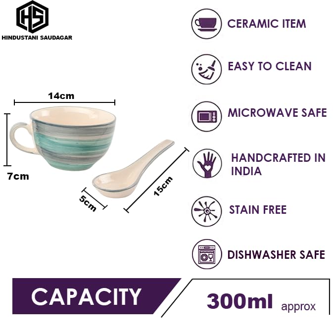Image of HS Hindustani SAUDAGR Aqua Drift Seagreen Ceramic Bowl Set of 2(300ml Each) Soup Bowl with Handle & Spoon Microwave Safe Bowls katori Ideal for Snacks Rice dal Desserts and Gifting.