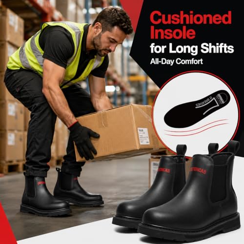 Image of Men's Slip On Work Boots, 6 Inch Soft Toe Chelsea Work Boots, ASTM F2892 EH, Slip Resistant Oil Resistant Rubber Outsole, PU Insole, Steel Shank, Black D2432