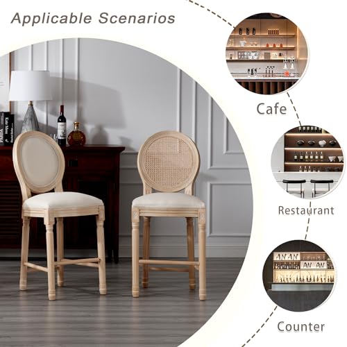Butacos de estilo francés, juego de 4, altura 26 pulgadas, estructura de madera maciza y asiento tapizado en lino, diseño rústico y elegante, ideal para isla de cocina o comedor (Beige) miniatura 5