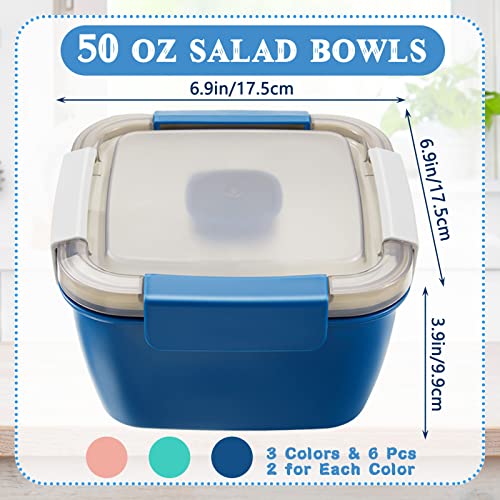 Tessco for you 6 Pcs Salad Lunch Container 50 oz Salad Container with 3 Compartment Reusable Bento Box for Adults Stackable Lunch Bowl for Meal Snack Fruit(Pink,Blue,Green) - Thumbnail 2
