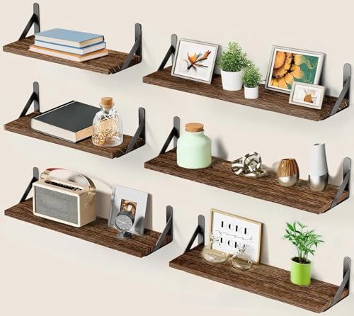 Image of AMADA HOMEFURNISHING Long Wall Shelves, Rustic Farmhouse Style, Wood Floating Shelves for Wall Decor, Bathroom & Bedroom Storage, Living Room Book Shelves, Brown - 6pcs