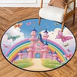 Fabpuro Alfombra redonda de 5 pies para sala de estar, dormitorio, guardería, alfombra circular lavable, alfombra antideslizante para decoración del hogar, castillo de dibujos animados, arco iris