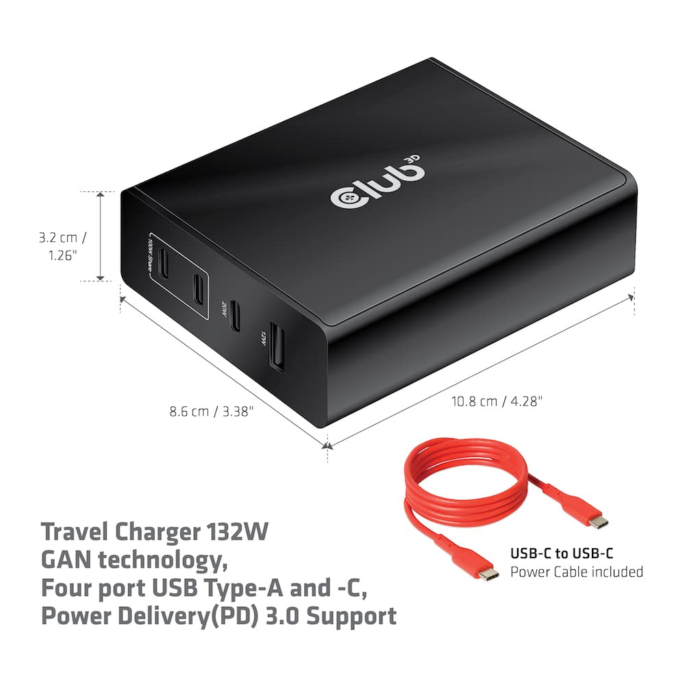 CLUB 3D CARGADOR 3XUSB TIPO C, 1XUSB A, PD 132W RETAIL