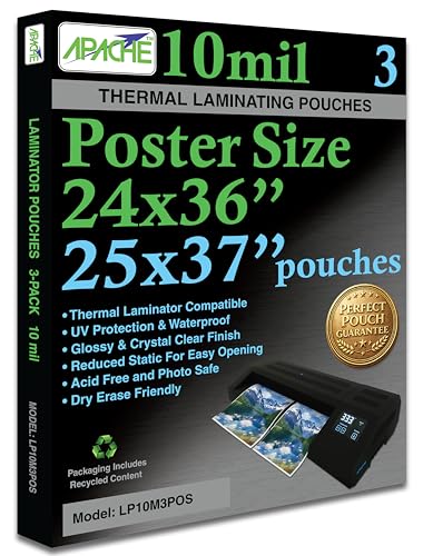 Image of Apache Poster Size Laminating Pouches, 10 Mil, 3 Pack, Holds 24 x 36 Inch Projects (25 x 37 Inch Pouch Size), Thermal Laminator Compatible Laminating Sheets, Super Clear, Round Corners