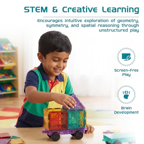 Image of Amazon Brand - Jam & Honey Magnetic Tile Cart Set for Kids | 2 Pcs Add-On Cart Set | Compatible with Magnetic Tiles | STEM Learning & Creative Construction Toy | Brain Development & Educational Play | Durable MABS Plastic with Strong Magnets | Ages 3+ Years | Multicolour | Product Dimensions: 22 x 15 x 5.5 cm