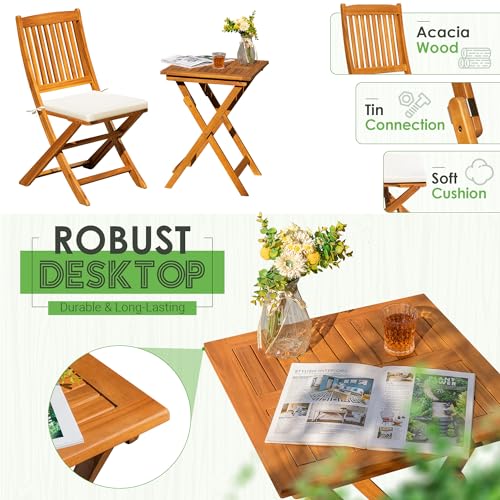 Image of Greesum 3 Piece Patio Folding Furniture Bistro Set with 2 Cushions for Pool Beach Backyard Balcony Porch Deck Garden, Acacia Wood