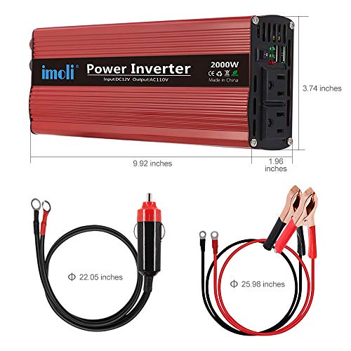 imoli 2000W Power Inverter, DC to AC 12V to 110V/120V, 4000W (Peak) Car Converter Automotive Modified Sine Wave Type with 2 Outlets and 2 USB Charging Ports