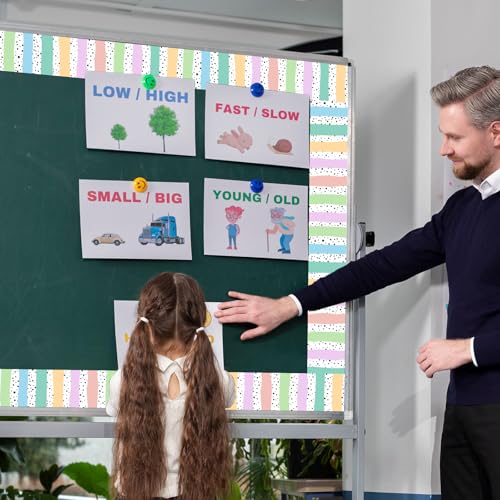 Image of Whaline 32.8 Ft Bulletin Board Borders Pastel Color Dot Stripe Die-Cut Rolled Border Trim for Back to School Classroom Office Chalkboard Wall Decoration
