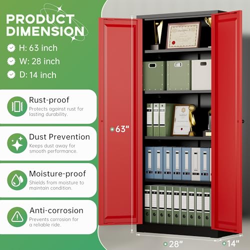 Image of INTERGREAT Metal Storage Cabinet with Magnetic Doors, 63 inch H Traditional European Style Metal Cabinets with 2 Doors and 4 Adjustable Shelves for Home Office, Kitchen, Bathroom (Black Red)