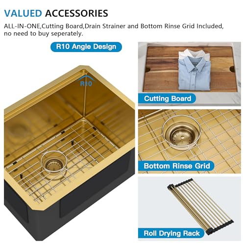 Image of 24 inchx18 inch Undermount Laundry Utility Sink Workstation - Brushed Gold NANO-PVD, 16 Gauge 304 Stainless Steel, 12 Inch Deep Single Bowl Basin for Laundry Room, RV or Utility Use