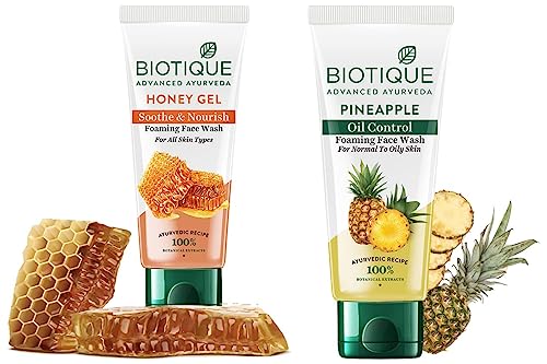 Image of Biotique Bio Honey Gel Face Wash for All Skin Types, 100ml & Biotique Bio Pineapple Oil Control Foaming Face Wash, 150ml