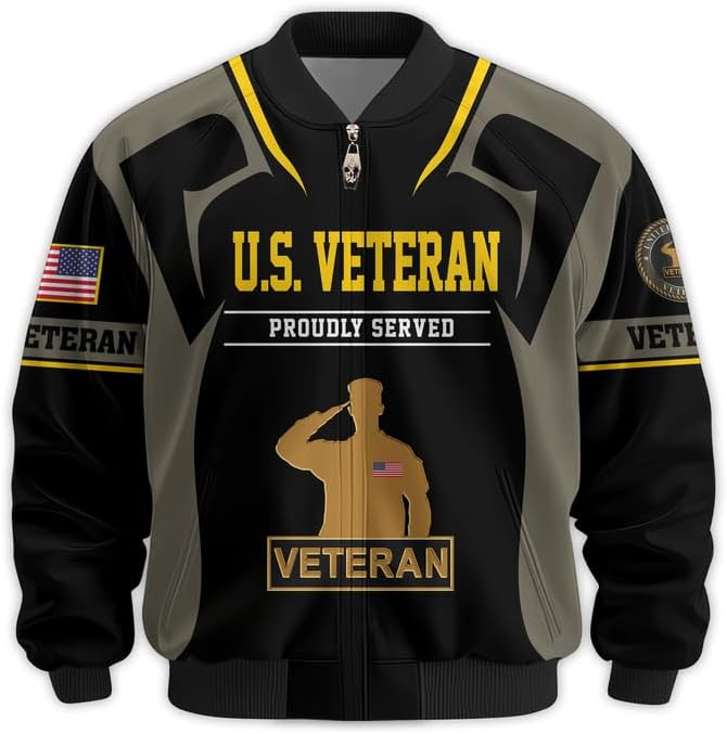 US Veteran Bomber Jacket - Proudly Served Men Military Jacket, Waterproof Coat, Veterans Day Gifts, Father's Day Gift
