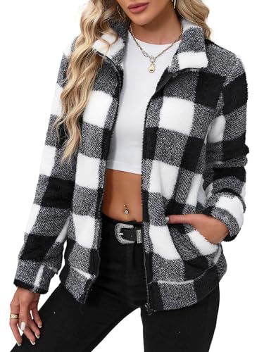 BesserBay Winter Damen Casual Taschen Reißverschluss Warm Fleece Jacke Weich Outdoor Lässig Plüschjacke Schwarz-weißes Karo M