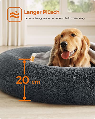 Feandrea Hundebett flauschig, Katzenbett, Donut Kissen, waschbar, Polsterung in der Mitte herausnehmbar, Langer Plüsch, 120 cm Durchmesser, dunkelgrau PGW043G02