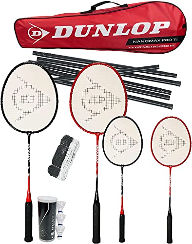 Dunlop Nanomax Pro Ti Family Badminton-Set, inkl. 2 Erwachsenen-, 2 Juniorschläger, Netz, Pfosten, Tragetasche und 3 Federbällen