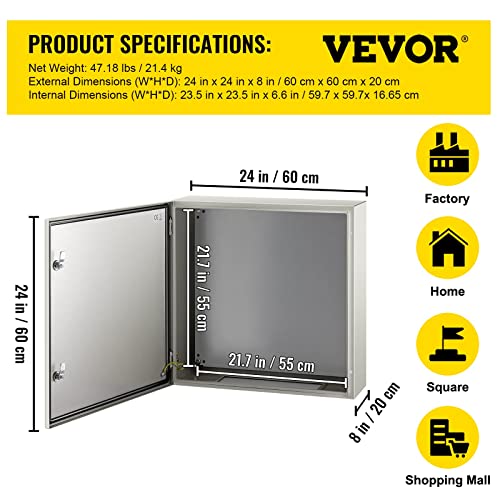 Vevor Nema Steel Enclosure, 24 X 24 X 8'' Nema 4X Steel Electrical Box, Ip66 Waterproof & Dustproof, Outdoor/Indoor Electrical Junction Box, With Mounting Plate #TOP6
