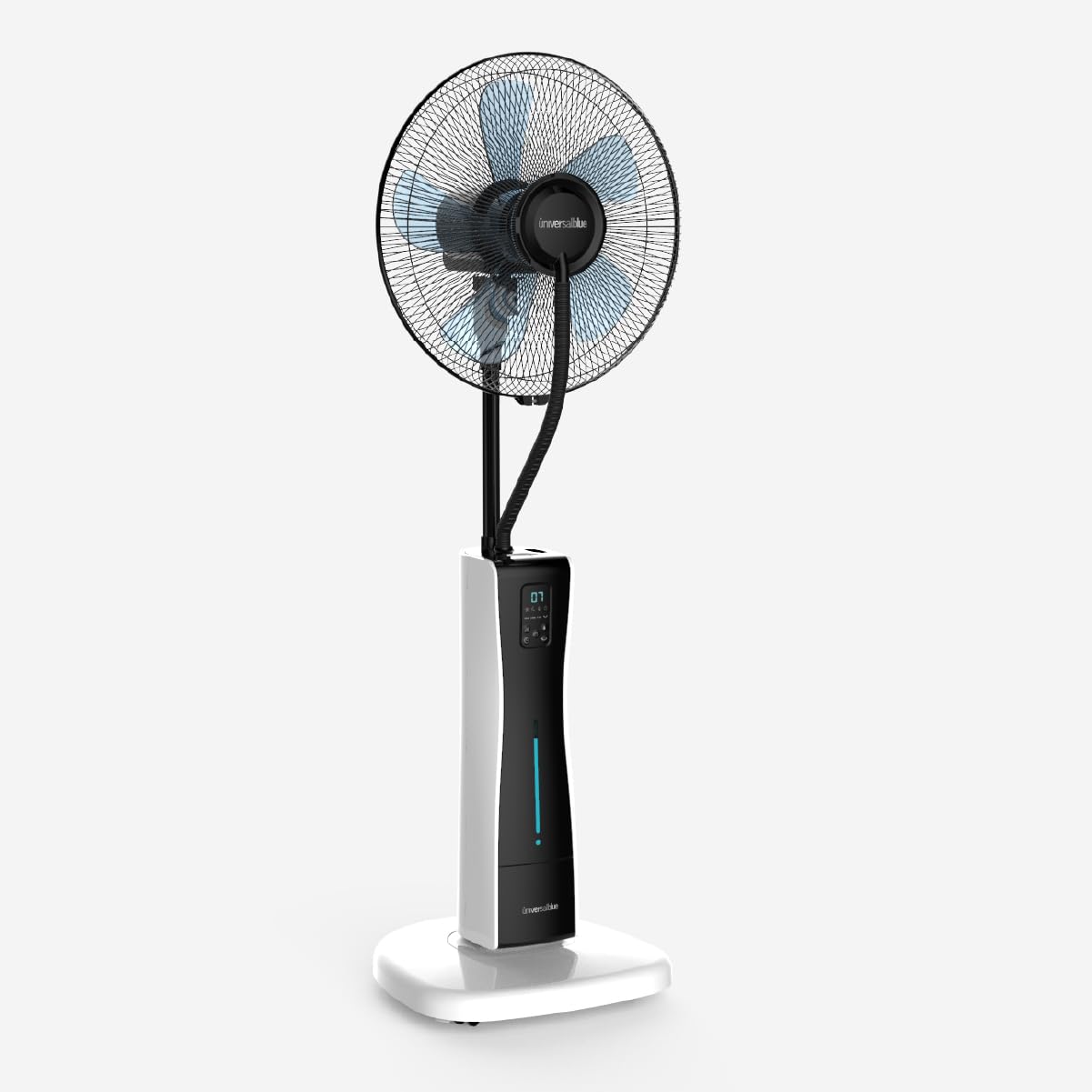 UNIVERSALBLUE Ventilador Humidificador Potente | Ventilador Nebulizador de Agua | Con Ruedas | Mando a Distancia | 3 Velocidades | Silencioso | Temporizador 12h | 5 Aspas | Blanco y Negro