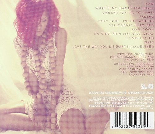 Back cover of Rihanna's Loud album, showing a tracklist and production credits. Rihanna is visible in the background.