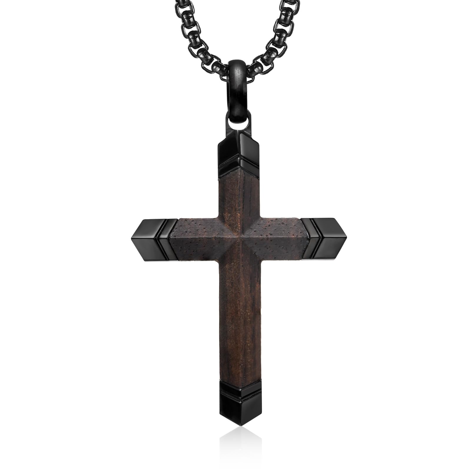 Black Ebony Cross Necklace For Men, Stainless Steel Cross Pendant Christian Jewelry for Men First Communion Confirmation Baptism Religious Gift to Son Father Brother Husband Boyfriend