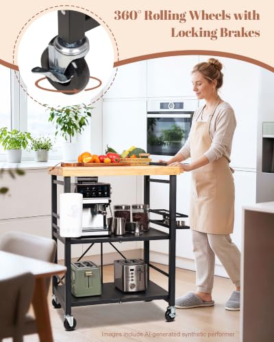 Image of Mythinglogic Foldable Kitchen Cart with Wheels, Rolling Kitchen Island with Wood Top, 3-Tier Microwave Stand Coffee Bar Cart with Side Storage Rack, Black