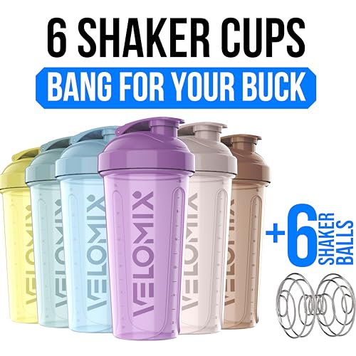 Image of VELOMIX -6 PACK- 28 oz Protein Shaker Bottle for Protein Mixes - 6x Wire Whisk | Leak Proof Shaker Cups for Protein Shakes | Protein Shaker Bottle Pack | Protein Shake Cup (Pastel Power Series)
