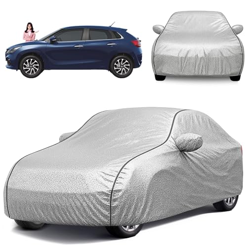 Image of Car Cover for Maruti Baleno All Model & Years (2015-2025) 100% Waterproof with Mirror & Antenna Pocket Triple Stitched Bottom Elastic Dustproof Full Body Protection Heat & UV Resistant- Silver