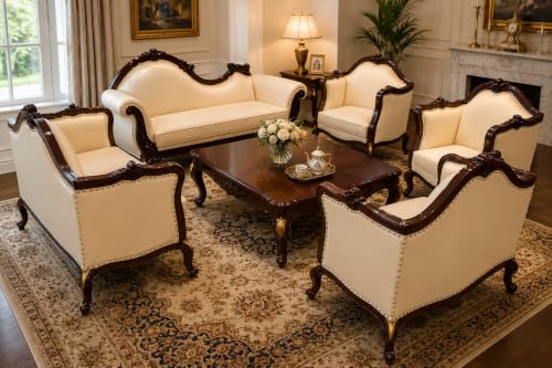 Image of CLASSIC WOOD & CRAFT Luxury Wooden Sofa Set with Center Table | Hand-Carved Solid Teak Wood Sofa Set with Upholstery | Royal Living Room Furniture for Home (Cream Dark Walnut 11 Seater)