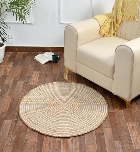 Image of Hand Woven Braided Carpet Rugs|Round Traditional Spiral Design Jute Door mat|Mat for Bedroom,Living Room,Dining Room,Yoga (90X90 CM, Beige3)