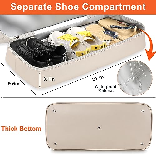 Image of Weekender Bags for Women with Shoe Compartment 3Pcs Overnight Bag 21 inch Travel Duffel Bag Carry on Tote with Trolley Sleeve for Men Travel /Business /Gift, A6-Polyester-Beige, Large