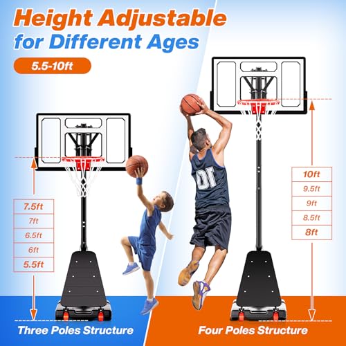 Image of AWII SPORT Basketball Hoop Outdoor 40&44&48 Inch Impact Backboard, 5.3-10FT Height Adjustable Basketball Hoop Goal System with Portable Wheels for Adults