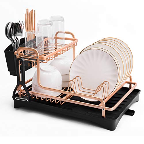 2 Tier Dish Drying Racks with Utensil Holder Aluminum Rustproof Dishes Drainer and Removable Drainboard for Kitchen Counter Drain Board with Adjustable Swivel Spout Champagne gold 2 Tier