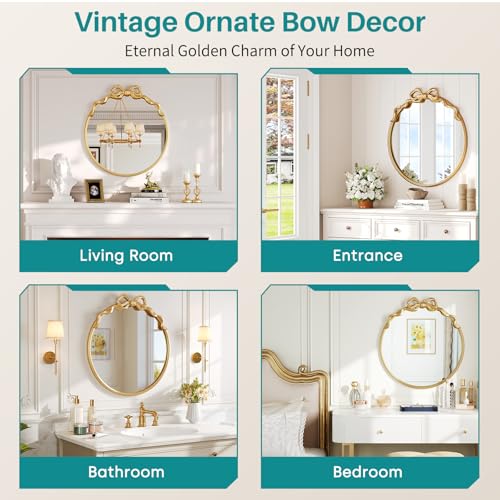 Image of Round Gold Bow Mirror, 24 inchx24 inch Vintage Mirrors with Metal Frame