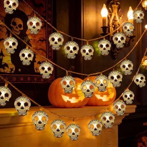 Skull String Lights 15FT Halloween Lights 30 LED Skull Lights Warm White Halloween & Day of the Dead String Lights with Battery & USB Powered 2 Lighting Modes IP42 Waterproof for Indoor Outdoor Decor