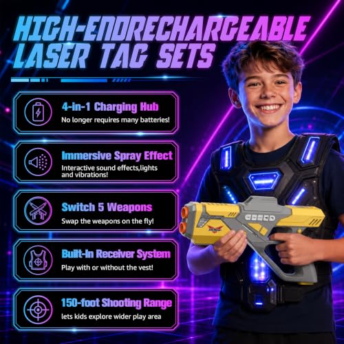 Image of Rechargeable Laser Tag Set with Vests, Upgrade Laser Tag Guns Set of 6 with Mist Spray Effect & LED Digital, Multi Player Toy for Teen Boys & Girls, Indoor&Outdoor Toy Play Game Gift,Ages 8+