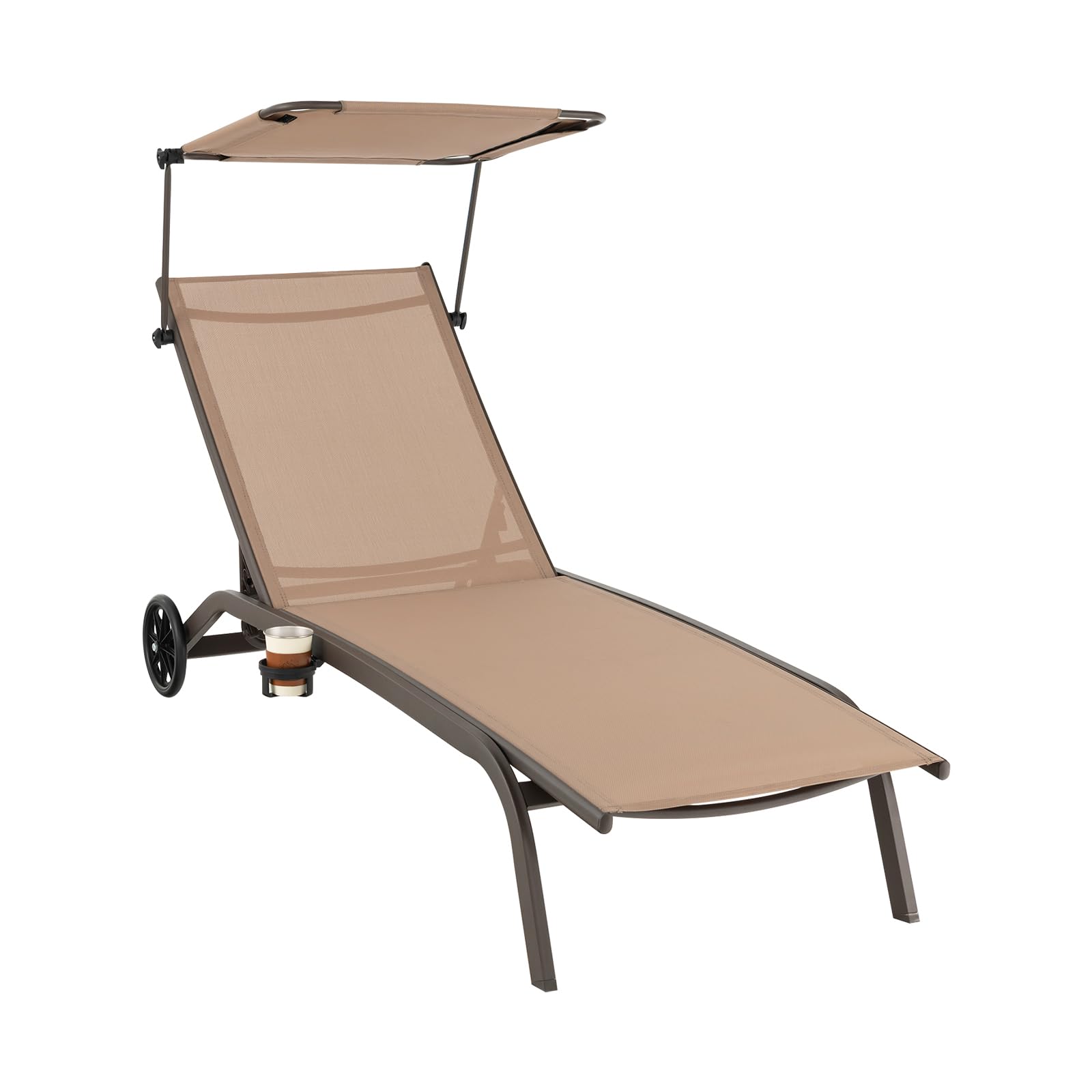 COSTWAY Lettino Prendisole da Giardino, Sdraio Reclinabile con Ruote Tettuccio, con Schienale Regolabile in 6 Livelli, Lettino da Giardino con Portabicchieri a Scomparsa, Portata 150 kg (1, Marrone)