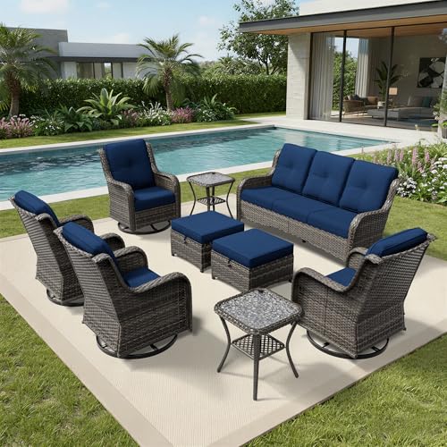 Image of Joyside 9 Piece Wicker Patio Furniture Set, Outdoor Swivel Rocker Patio Chairs with High Back, Deep Seating, Wide Armrest, Thickened Cushions, Outdoor Furniture for Deck, Porch Use