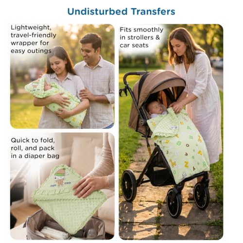 Image of Mee Mee 3-in-1 Baby Wrapper & Carry Nest for Newborns | Soft Breathable Cotton Swaddle with Hood and Cushion | Adjustable Tie-Up Design | Lightweight, Cozy & Easy to Carry (0-6 Months) (Green)