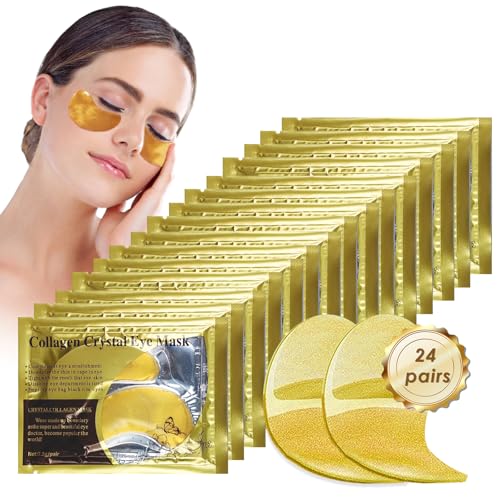 24 Pares Máscara para los Ojos De Colágeno de con ácido hialurónico,Hidratante Contorno de Ojos Antiarrugas Eye Patches Colágeno para Arrugas,Antiojeras Mujer Skincare Under Eye Patches(24K Gold)