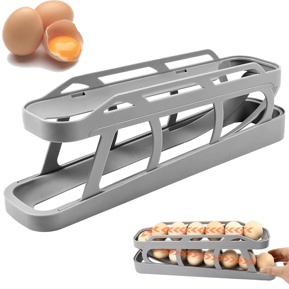 Tefola Eierhalter für Kühlschrank, Eierspender Rollhalter, 2-stöckiger Eierhalter für Kühlschrank, automatisch rollender Eieraufbewahrungsbehälter für 12-14 Eier (Grau)