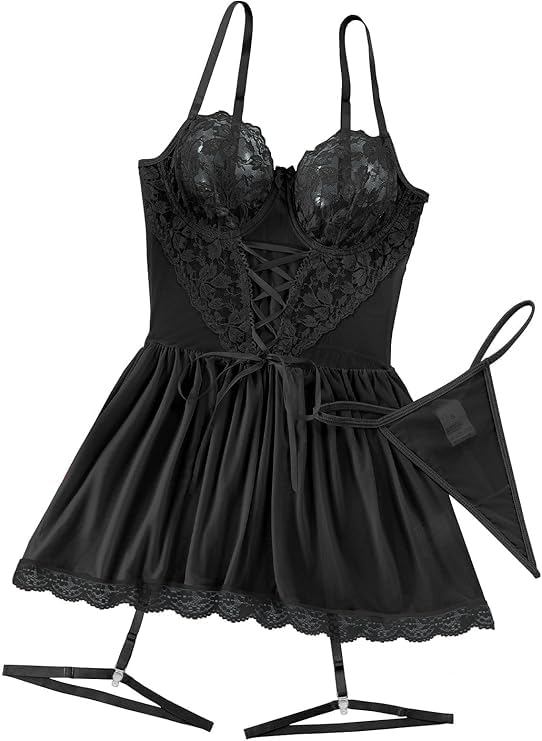 Lilosy Sexy Floral Lace Babydoll NightDress Thong Chemise Lingerie Nightwear Cute Underwire Push Up Corset Outfit with Women Mesh Sheer Nightgown Slip Army Green Small: X-Small Black