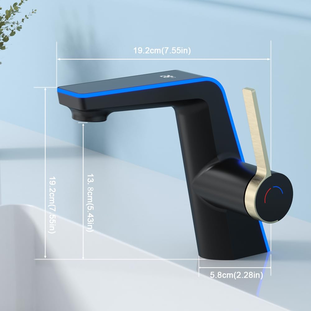 Grifos de baño de temperatura, sin visualización eléctrica de temperatura, grifos de lavabo de baño de un solo mango (moderno, negro dorado)