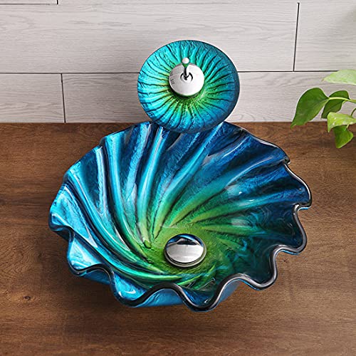 Ocean Blue Shell Color Art Basin Boven Het Aanrechtblad/Wastafel Van Gehard Glas/Badkamer Artistieke Gootsteen/Met… - Image 3