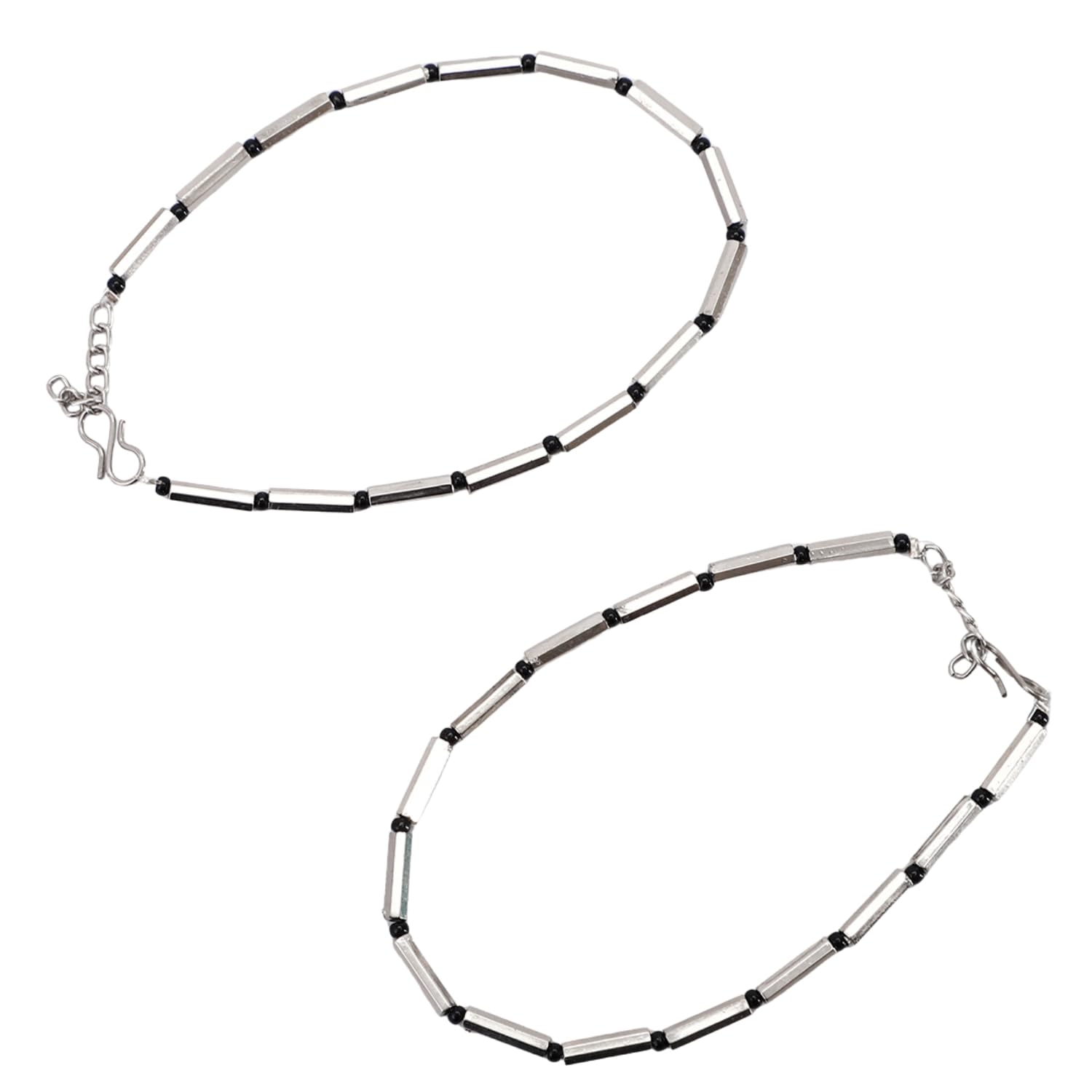 Silver Anklet with Black Beads, Set of 2, Adjustable Clasp, Metal Tube Beads-image-49