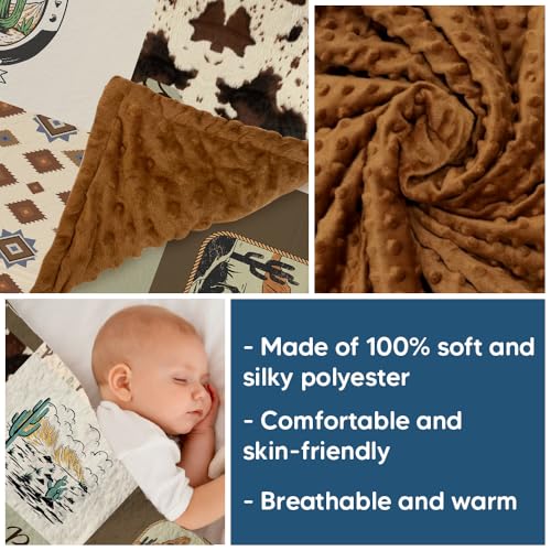 Image of Western Baby Blanket, Cowboy Minky Blankets for Boys Girls, Nursery Room Decor, Soft Warm Lightweight Nursery Bed Blanket for Newborn Toddlers Son Daughter, Double Layer Dotted Backing