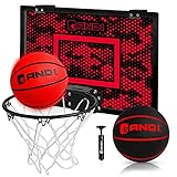 AND1 Mini Basketball Hoop: 18”x12” Pre-Assembled Portable Over The Door with Flex Rim, Includes Two Deflated 5” Mini Basketball with Pump, for Indoor, Red/Black