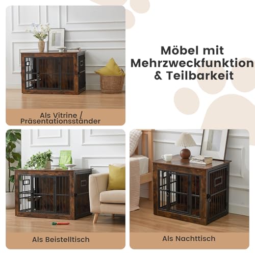 Gardner Pet Hundekäfig Möbel, 83cm Hundebox für Zuhause, Moderne Hundehütte Indoor mit 3 Türen und verstellbaren Näpfen, Hundehaus aus Metall und Holz für mittlere Hunde, 83x58x65 cm, Vintagebraun