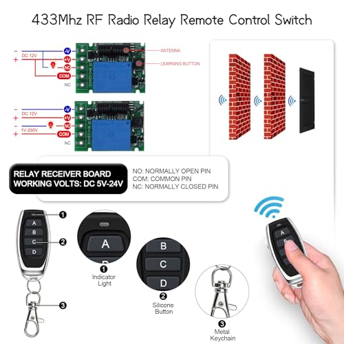 433MHz RF Funk Fernbedienung Schalter 12V Funkschalter, Kabelloser Lichtschalter DC 5V 12V 24V 10A Relais Empfänger mit 4 Sendern, 100M Langstrecken, 4 Wege Fernschalter für Motor, LED Licht, Tortür